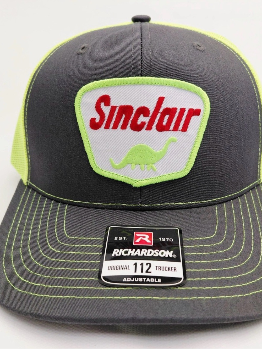 Sinclair Dino Embroidered Patch Solid Mesh Snapback Cap Hat Gray & Neon Yellow